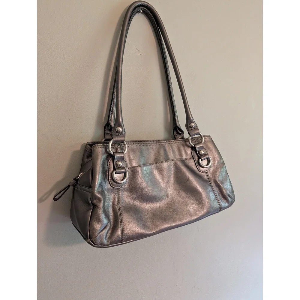 Vintage Y2K Giani Bernini Metallic Pewter Leather Shoulder Bag Silver Hardware